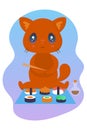 Cute kawaii ginger cat holds chopsticks in its paws and eats Japanese food.